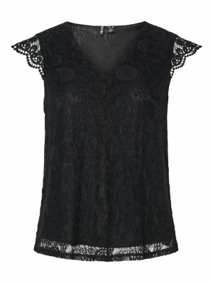PCOLLINE SL LACE V-NECK TOP WV Black