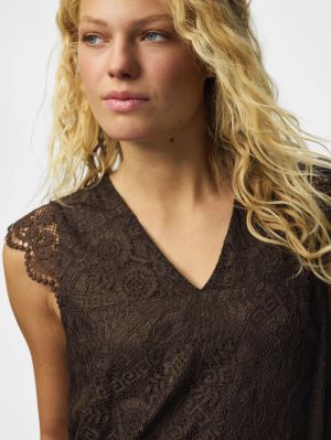 PCOLLINE SL LACE V-NECK TOP WV Hot Fudge