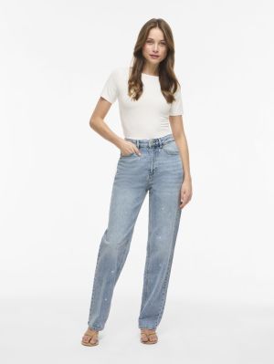 VIKELLY HW EMB STRAIGHT JEANS Light Blue Deni