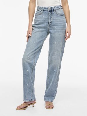 VIKELLY HW EMB STRAIGHT JEANS Light Blue Deni