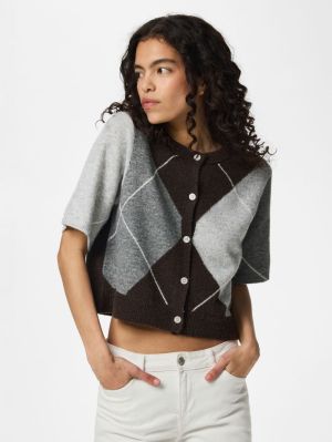 PCSALLY SS KNIT CHECK CARDIGAN Hot Fudge/GREY/