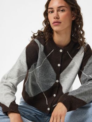 PCSALLY LS KNIT CHECK CARDIGAN Hot Fudge/GREY/