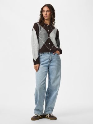 PCSALLY LS KNIT CHECK CARDIGAN Hot Fudge/GREY/