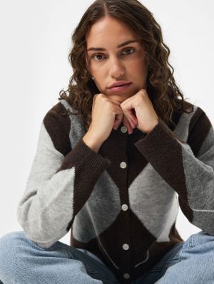 PCSALLY LS KNIT CHECK CARDIGAN Hot Fudge/GREY/