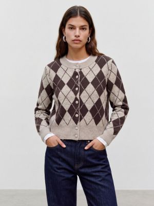 VMHALO LS O-NECK ARGYLE CARDIG Birch/CHOCLATE